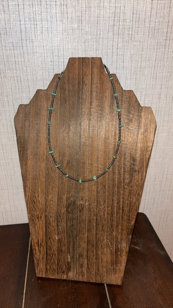 Natural turquoise choker with silver seed beads