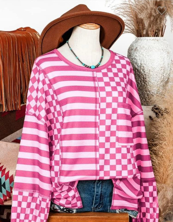 Pink, Grey and Tan Striped Patchwork Lantern Sleeve Pocketed Blouse